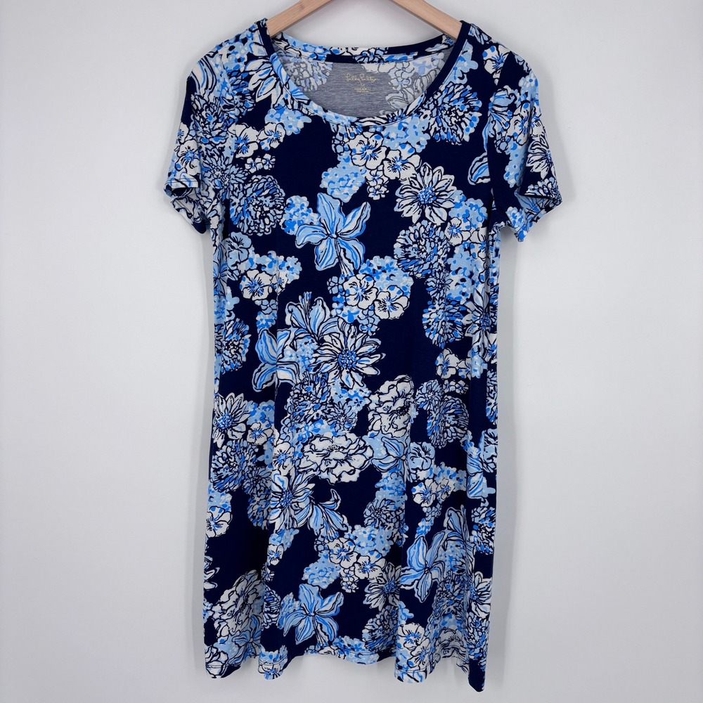 Lilly Pulitzer Cody T-Shirt Dress Womens Medium Blue Floral Vacation Coastal